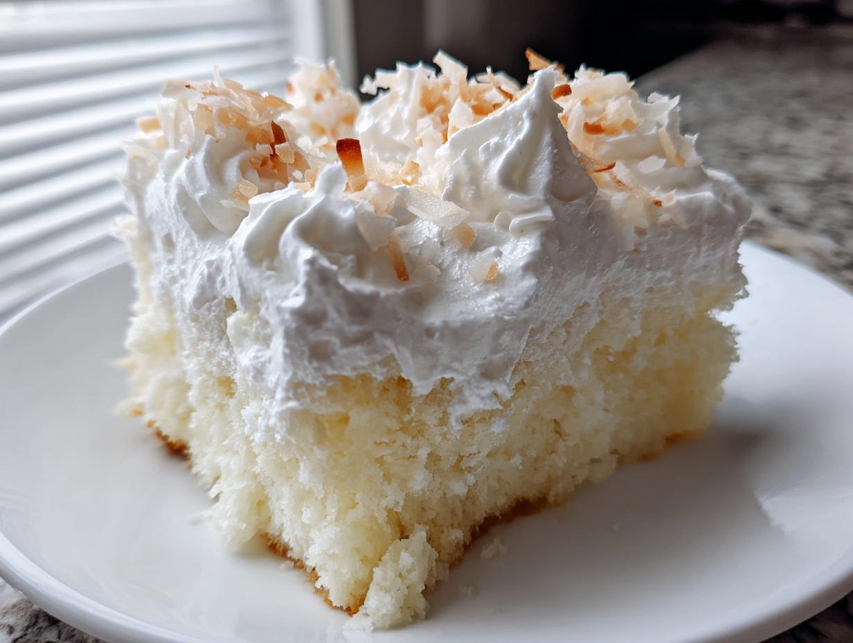 A close-up of a moist slice of coconut poke cake topped with whipped cream and toasted coconut flakes.