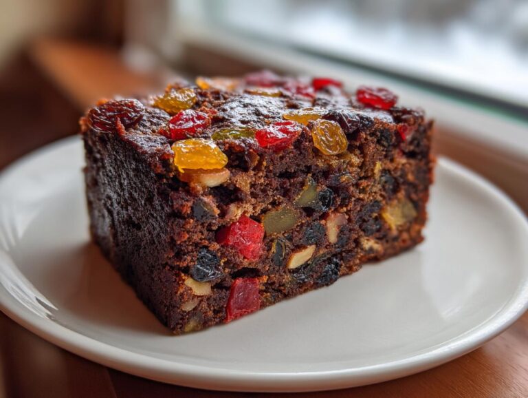 Close-up of a rich, dark slice of moist fruit cake topped with colorful candied cherries and raisins.