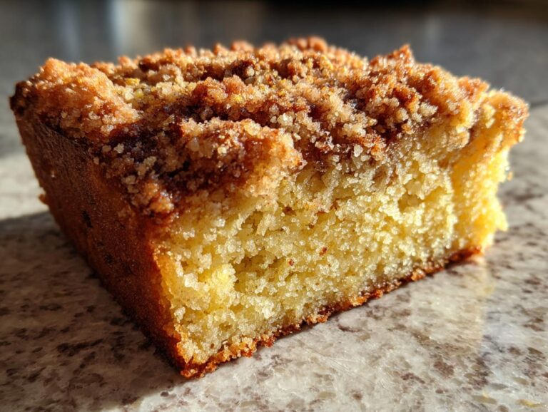 Close-up of a moist slice of pistachio coffee cake showing the yellow crumb and crunchy cinnamon streusel topping.