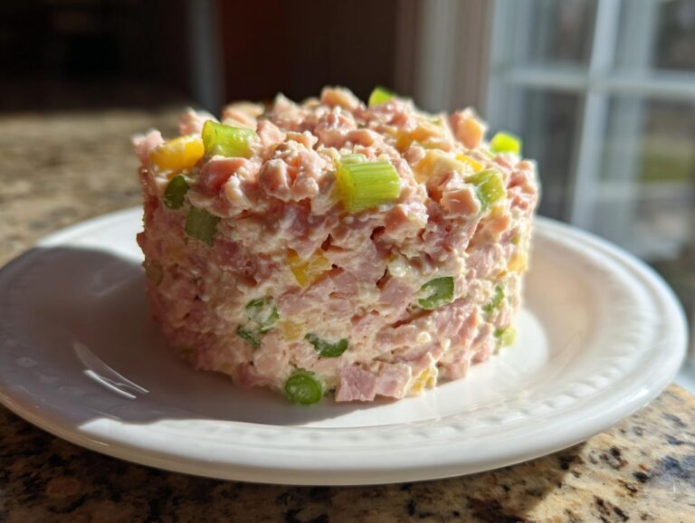 A molded cylinder of creamy ham salad recipe mixture with visible chunks of ham, celery, and yellow peppers on a white plate.