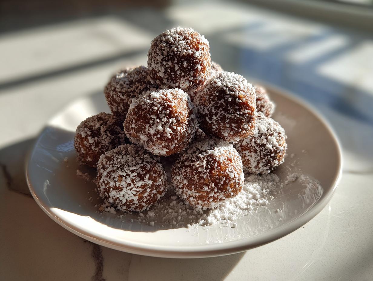A stack of rich, brown bourbon balls heavily dusted with white powdered sugar on a small white plate.