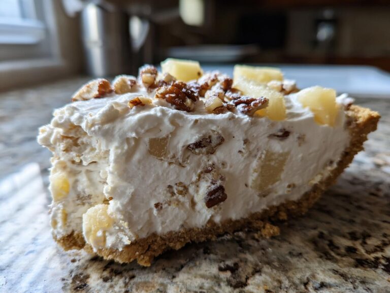 A close-up slice of creamy, no-bake Million Dollar Pie topped with pecans and pineapple chunks.