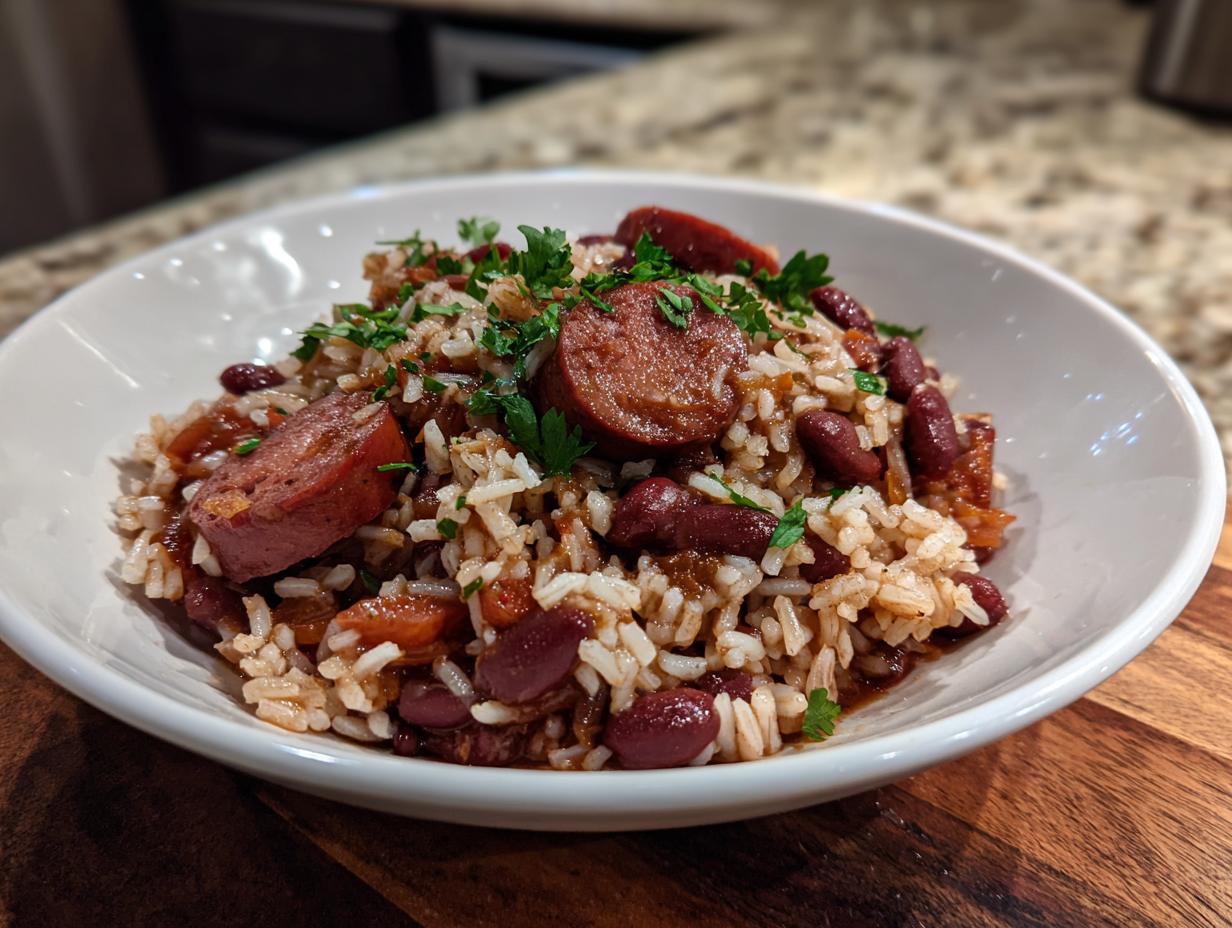 A close-up of a white bowl filled with savory beans and rice mixed with sliced smoked sausage and topped with fresh parsley.