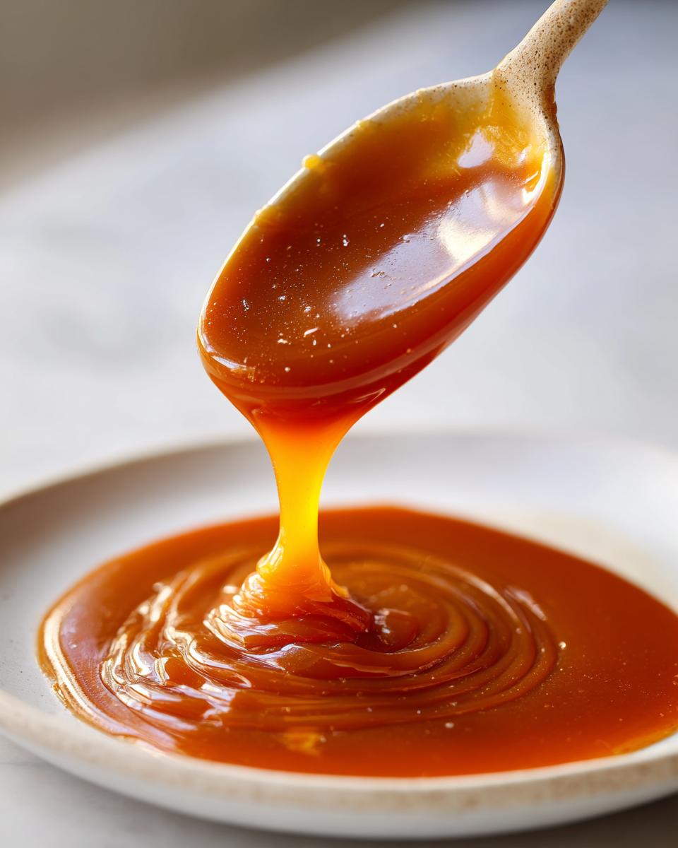 Close-up of thick, glossy homemade caramel sauce being poured from a spoon onto a plate, creating ripples.
