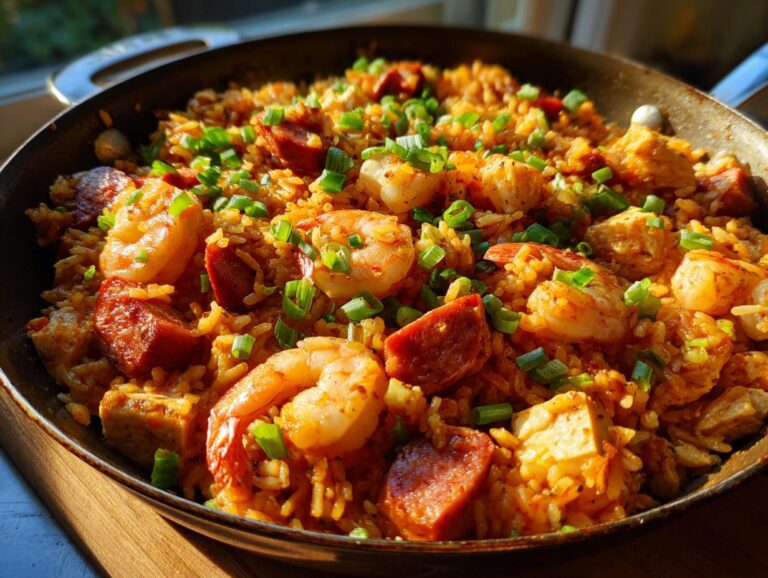 A close-up view of savory one-pot jambalaya featuring shrimp, sliced sausage, and rice, garnished with green onions.