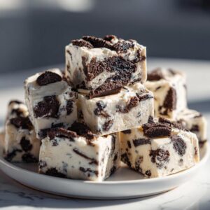 A tempting stack of homemade Oreo fudge squares, featuring creamy white fudge mixed with dark chocolate cookie pieces.
