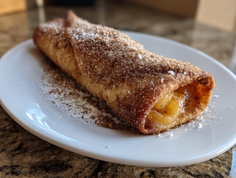A single, golden-brown peach cobbler egg roll dusted heavily with cinnamon sugar, sitting on a white plate.