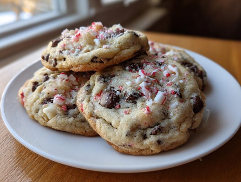 A stack of soft, chewy peppermint chocolate chip cookies topped with crushed candy canes on a white plate.