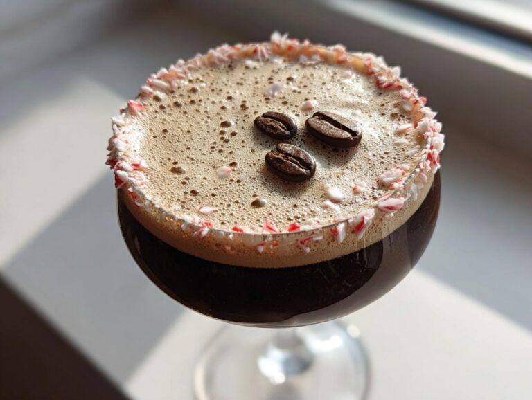 Close-up of a peppermint espresso martini topped with foam, crushed candy cane rim, and three coffee beans.