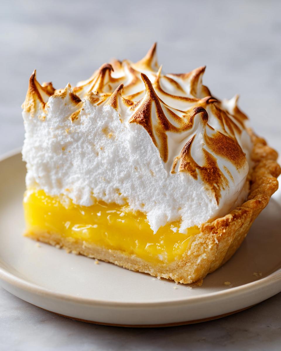 A close-up of a slice of lemon pie featuring bright yellow filling, a flaky crust, and tall, torched meringue topping.