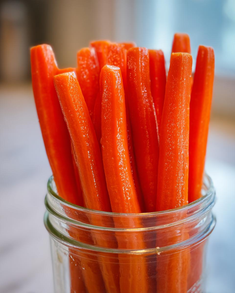 Close-up of bright orange, crisp pickled carrots standing upright in a clear glass mason jar.