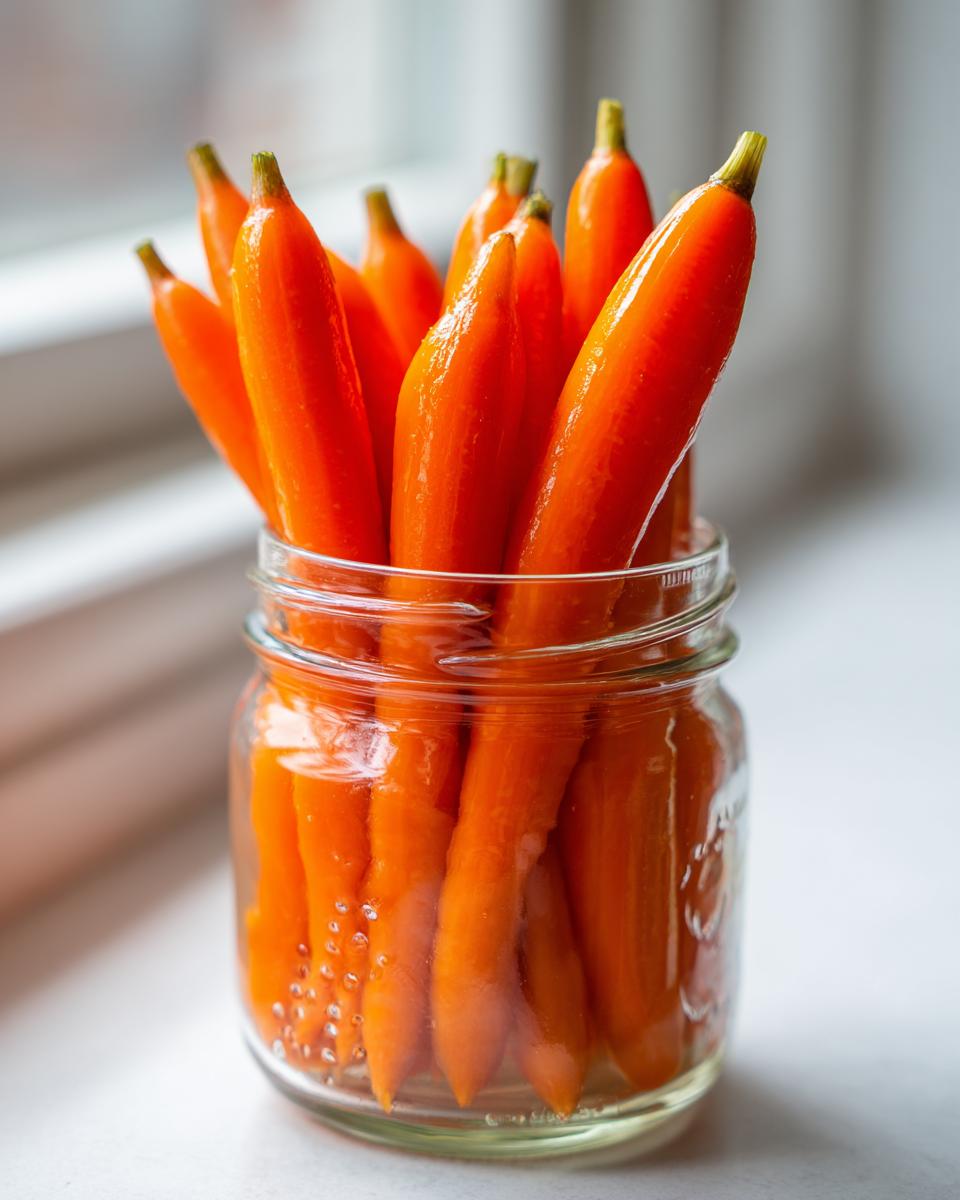 Close-up of bright orange, peeled pickled carrots standing upright in a clear glass mason jar.