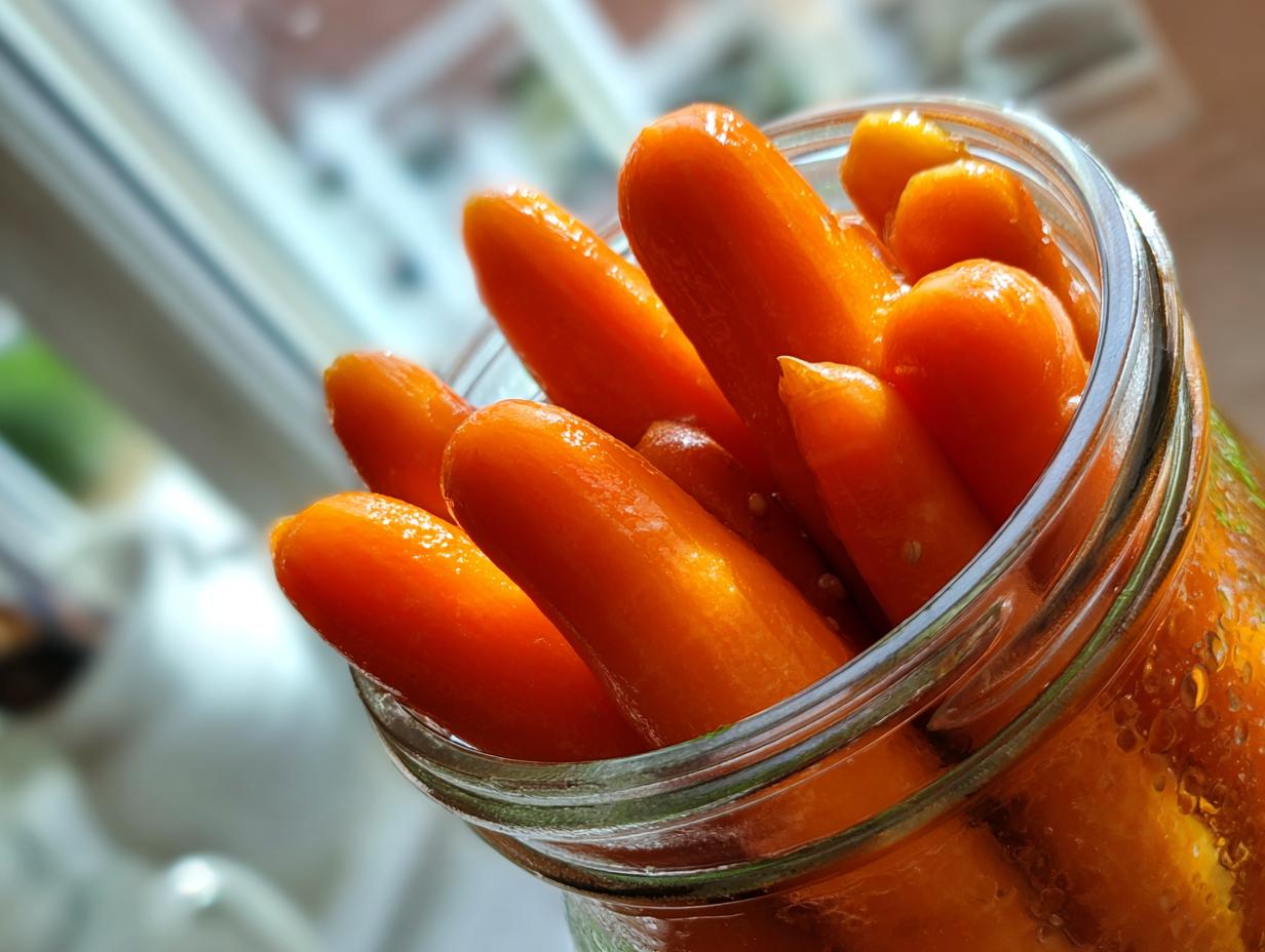 Close-up of bright orange pickled carrots filling a clear glass jar, ready to eat.