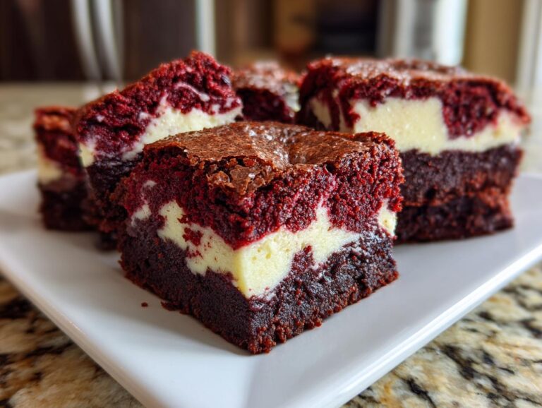 Four rich red velvet cheesecake brownies with a distinct red and cream swirl, served on a white plate.