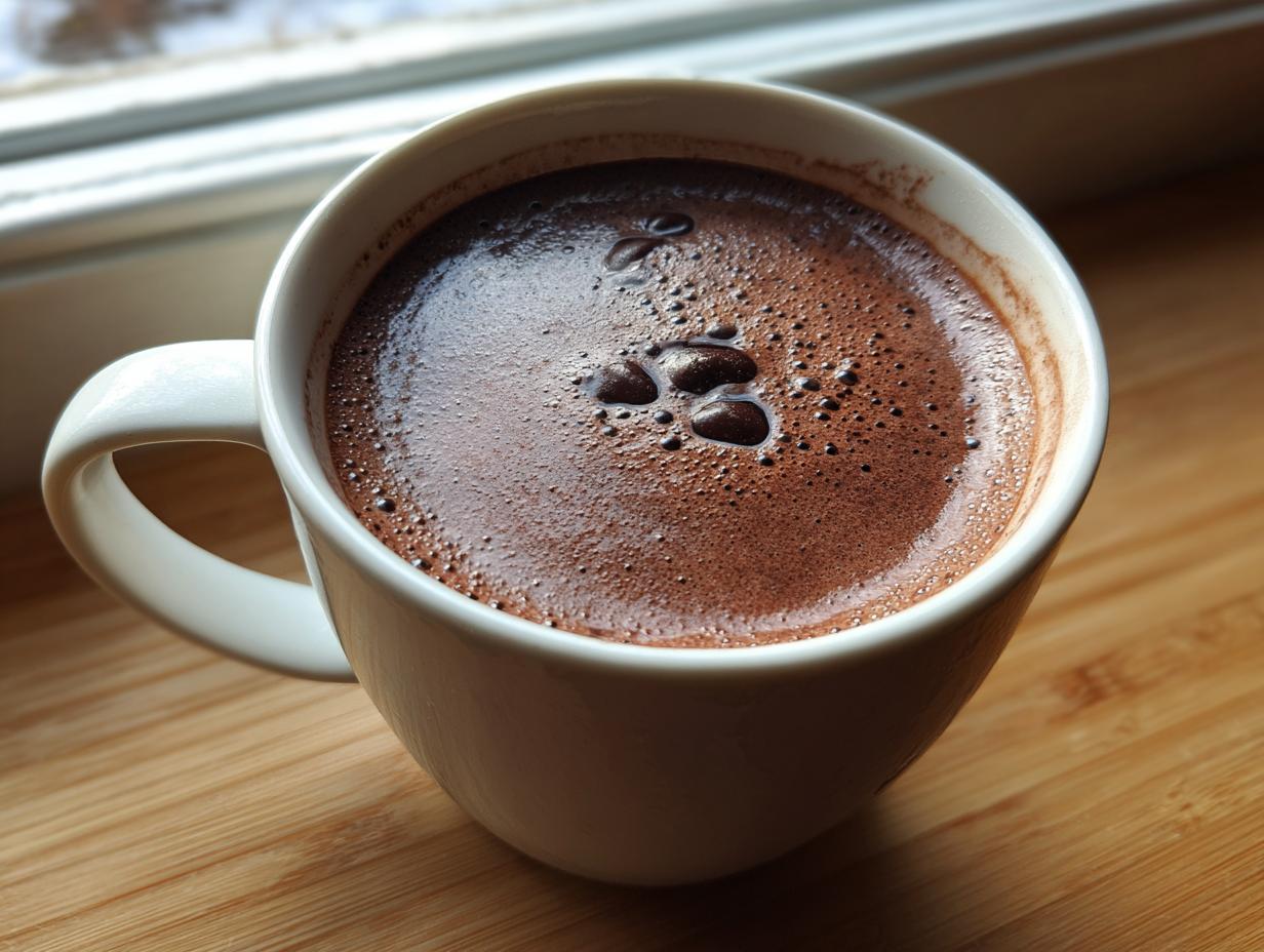 Close-up of rich homemade hot cocoa with a foamy top in a white mug, set on a wooden surface.