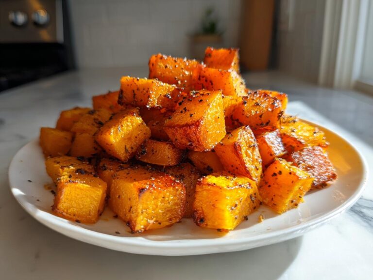 A mound of bright orange, perfectly seasoned roasted butternut squash cubes piled on a white plate.
