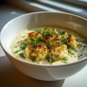 A white bowl filled with creamy roasted cauliflower soup, topped with charred cauliflower florets and fresh dill.