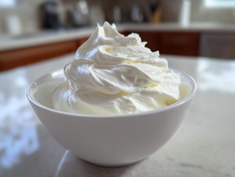 Close-up of stiff, glossy white peaks of icing, likely royal icing recipe mixture, in a small white bowl.
