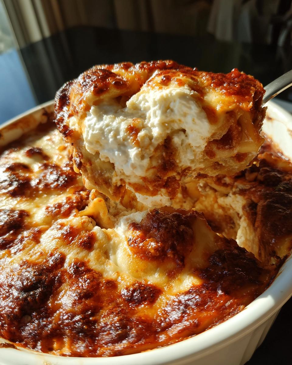 A spoonful of creamy, cheesy lazy lasagna being lifted from a baking dish showing a perfectly browned and bubbly top.