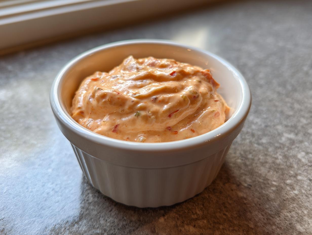 A small white ramekin filled with creamy, orange-hued secret burger sauce, featuring visible bits of relish or spices.