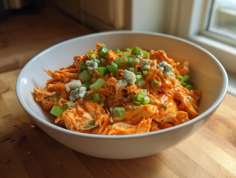 A white bowl filled with saucy shredded buffalo chicken, topped with crumbled blue cheese and sliced green onions.