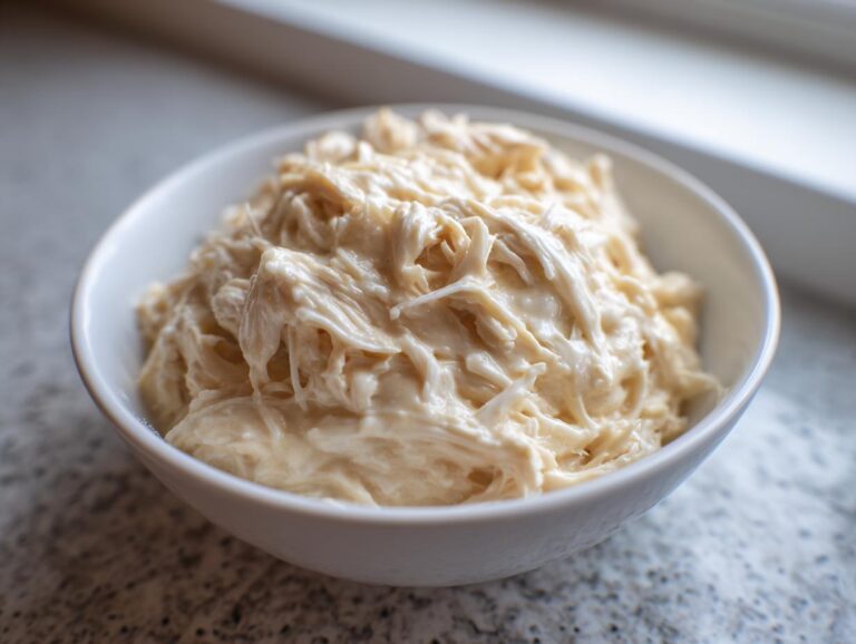 Close-up of shredded chicken coated in a thick, creamy sauce, resembling homemade cream of chicken soup.
