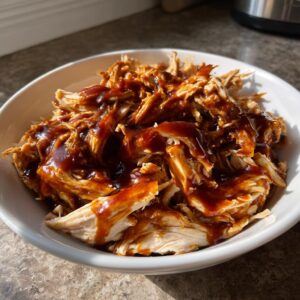 Close-up of shredded crockpot teriyaki chicken generously drizzled with dark teriyaki sauce in a white bowl.