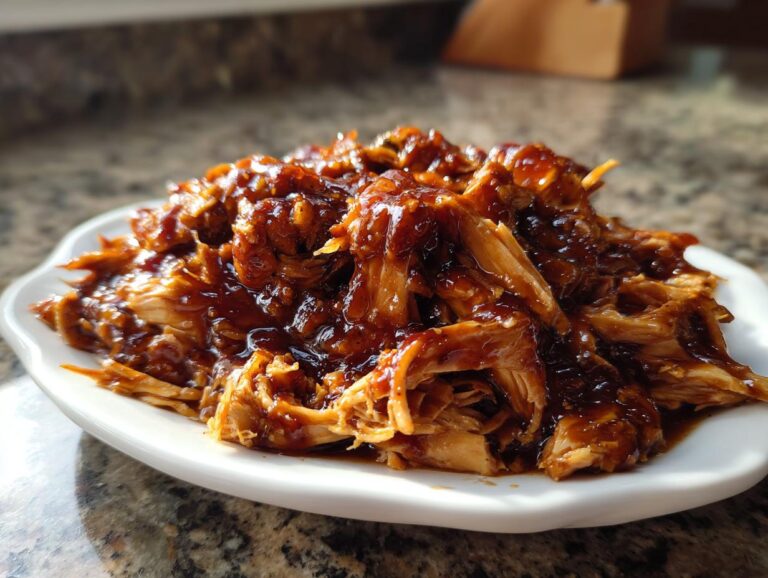 Close-up of moist, shredded crockpot teriyaki chicken heavily coated in glossy teriyaki sauce on a white plate.