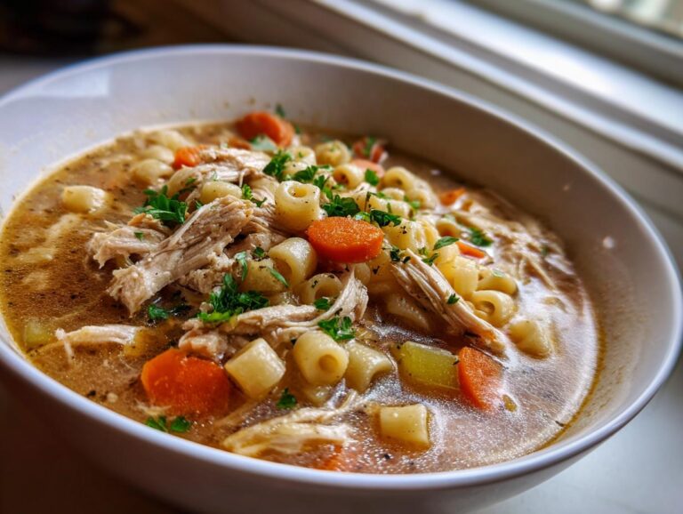 Close-up of a white bowl filled with rich broth, shredded chicken, ditalini pasta, and sliced carrots from the Sicilian chicken soup.