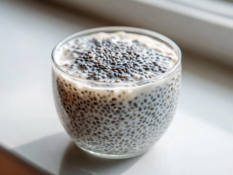 Close-up of a glass filled with thick chia seed pudding, showing the hydrated seeds in milk, topped with extra seeds.