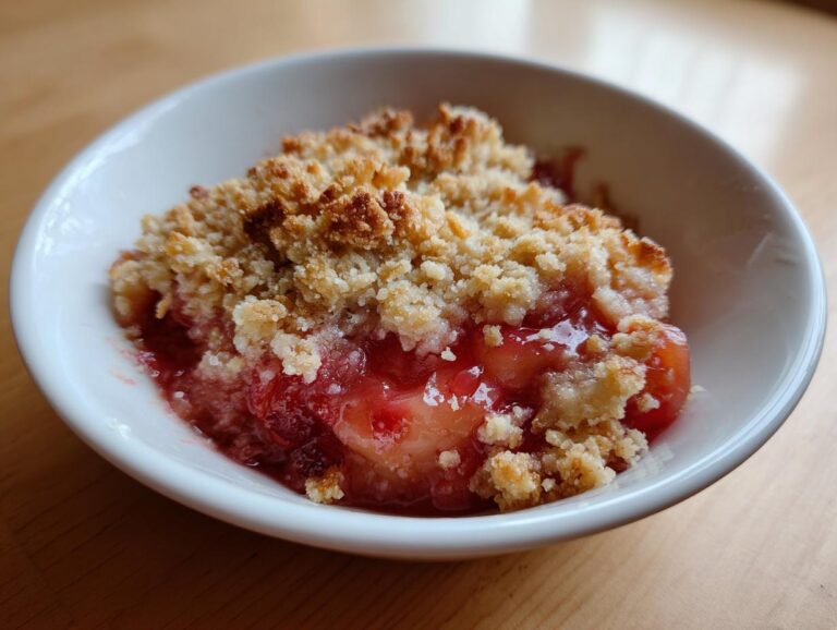 Close-up of a warm, single serving of rhubarb crisp featuring bubbling red fruit filling and a golden, crumbly topping.