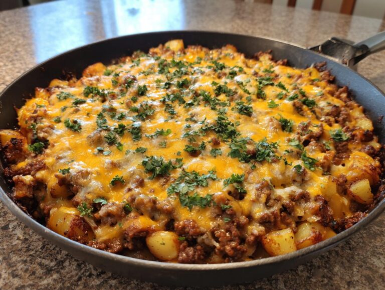 A close-up of Cheesy Taco Potatoes baked in a skillet, topped with melted cheddar and fresh parsley.