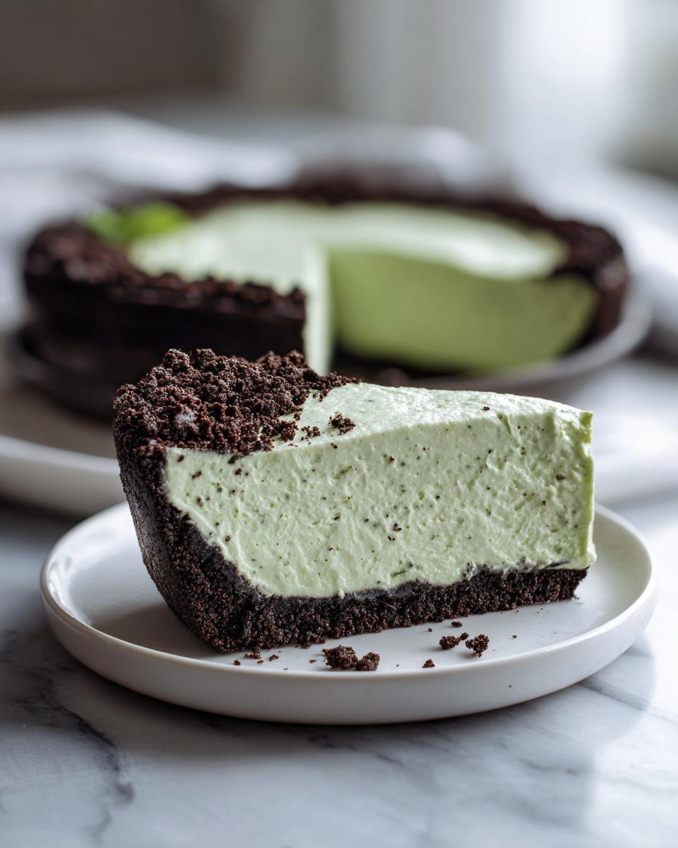 A close-up slice of grasshopper pie featuring a thick, pale green mint filling and a dark chocolate cookie crust.