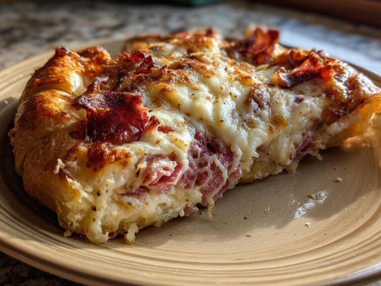 Close-up of a cheesy slice of homemade reuben bake showing corned beef, melted cheese, and a golden crust.