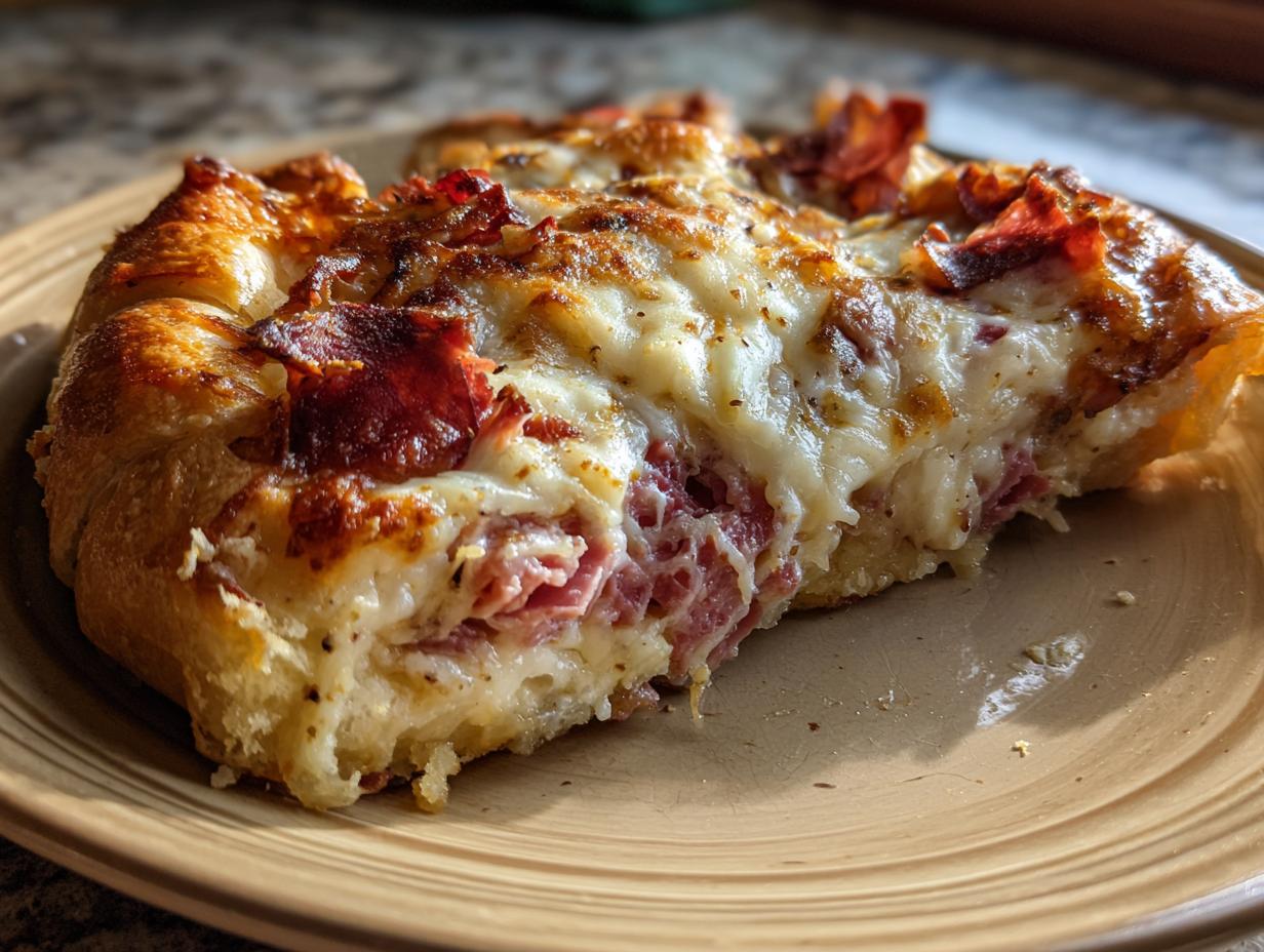 Close-up of a cheesy slice of homemade reuben bake showing corned beef, melted cheese, and a golden crust.