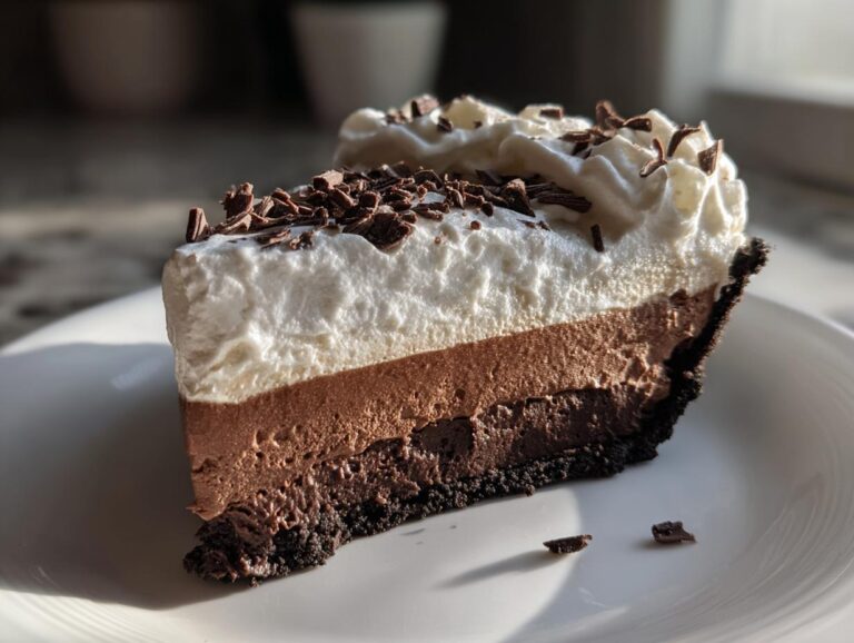 A decadent slice of layered chocolate mud pie featuring a dark crust, two layers of chocolate mousse, and topped with whipped cream and chocolate shavings.