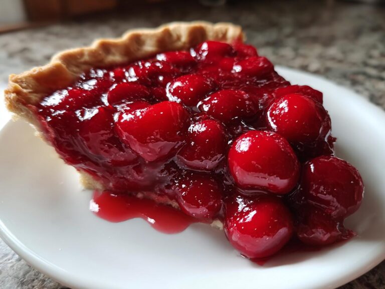 Close-up of a slice of pie generously topped with glossy, bright red cherry pie filling.