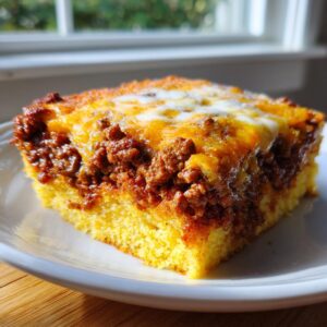 A close-up slice of sloppy joe cornbread casserole with a thick layer of seasoned ground beef and melted cheese on top.