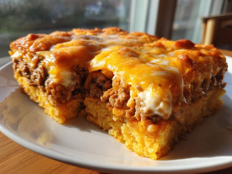 A hearty slice of sloppy joe cornbread casserole topped with melted cheddar cheese on a white plate.