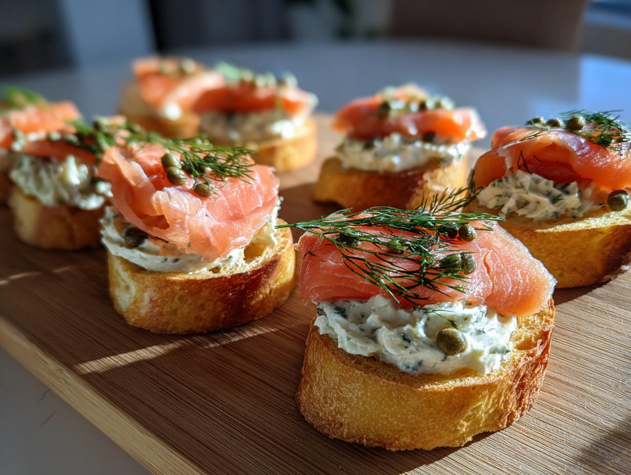 Close-up of several smoked salmon bites on toasted baguette slices with cream cheese, dill, and capers.
