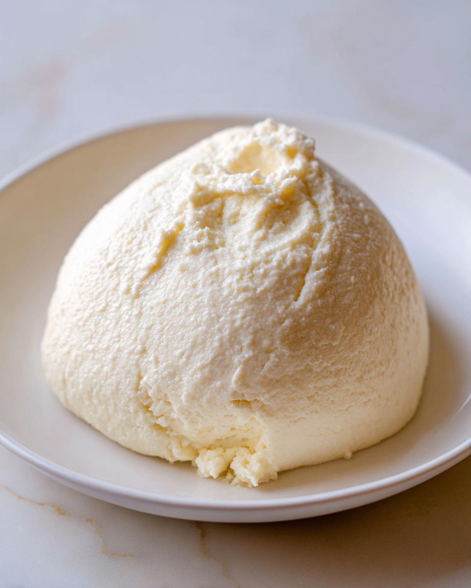 A smooth, dome-shaped mound of freshly prepared fufu served on a white plate.