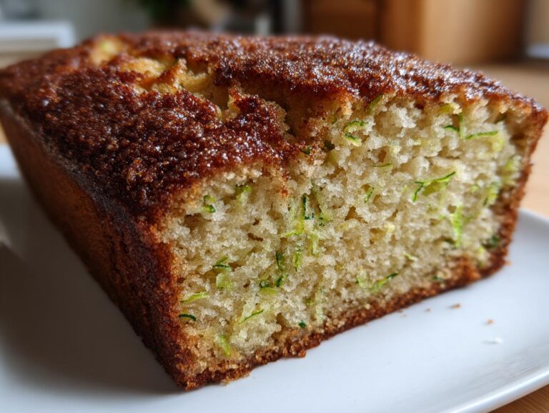 A close-up view of a freshly baked snickerdoodle zucchini bread loaf showing the moist crumb and shredded zucchini.