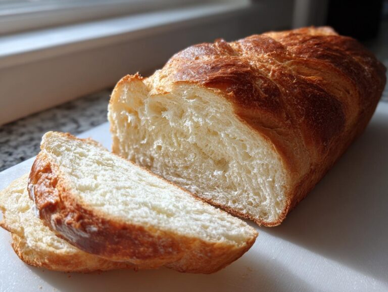 A freshly baked, golden-brown loaf of condensed milk bread, partially sliced to show the fluffy white interior.