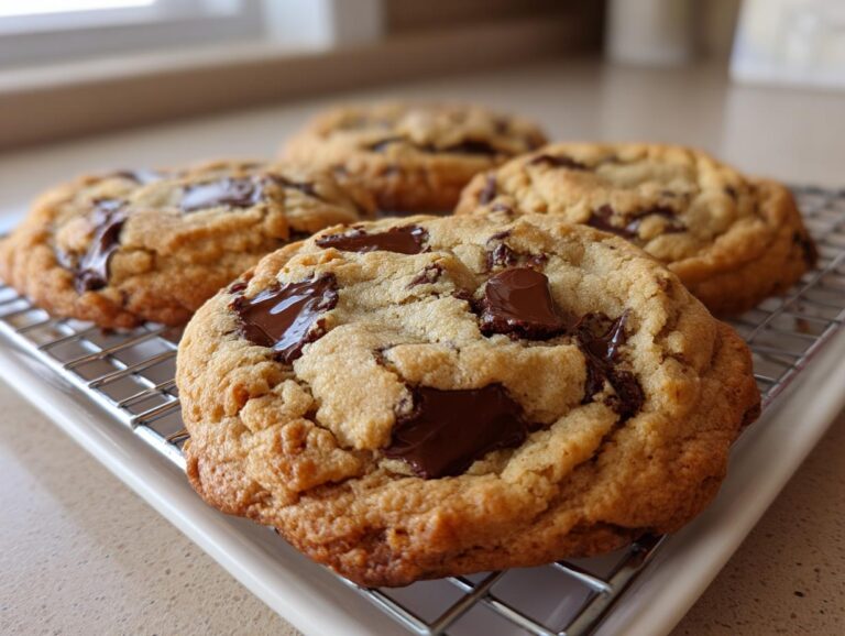Close-up of soft cream cheese chocolate chip cookies cooling on a wire rack with melted chocolate chips.