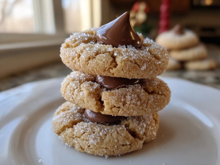 A stack of three soft peanut butter blossom cookies, rolled in sugar and topped with a chocolate kiss.