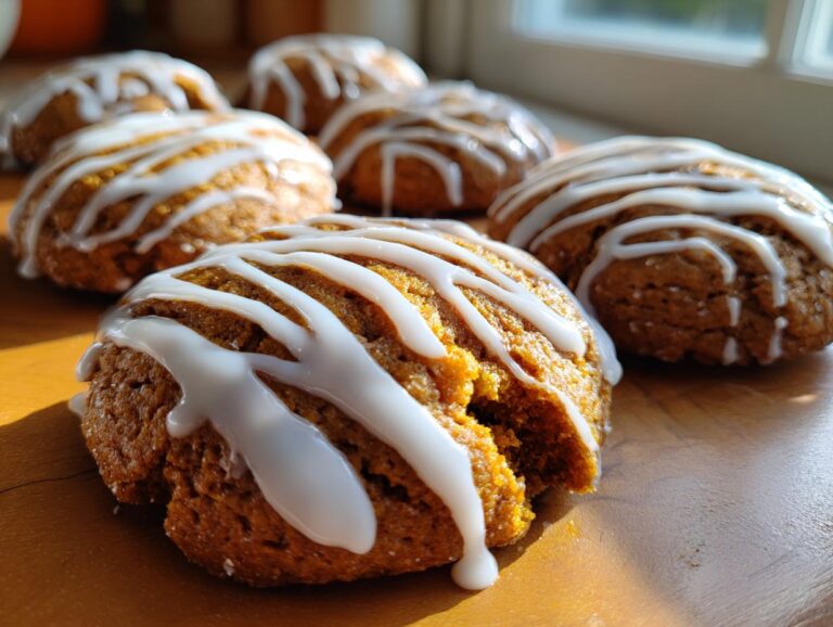Close-up of several soft spiced persimmon cookies drizzled with thick white icing, sitting on a wooden surface.