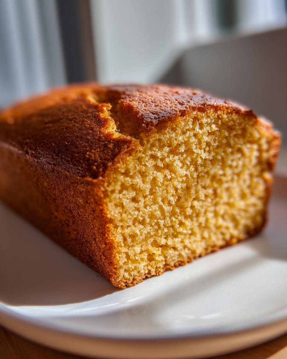 Close-up of a golden brown slice of sourdough cornbread showing its moist, crumbly texture.