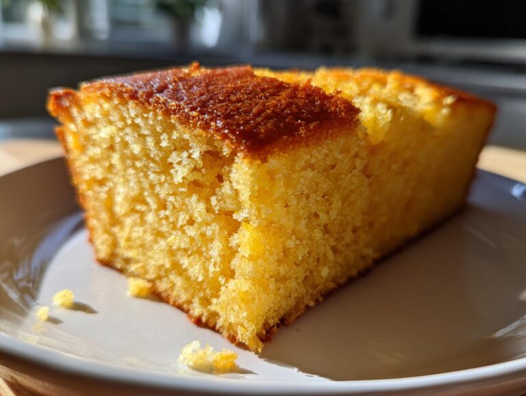 Close-up of two slices of moist, yellow sourdough cornbread with a deeply browned, shiny top crust, served on a white plate.