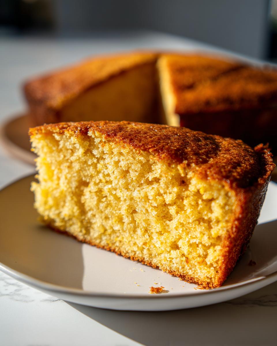 A close-up, brightly lit slice of moist sourdough cornbread on a white plate, showing its crumb structure.