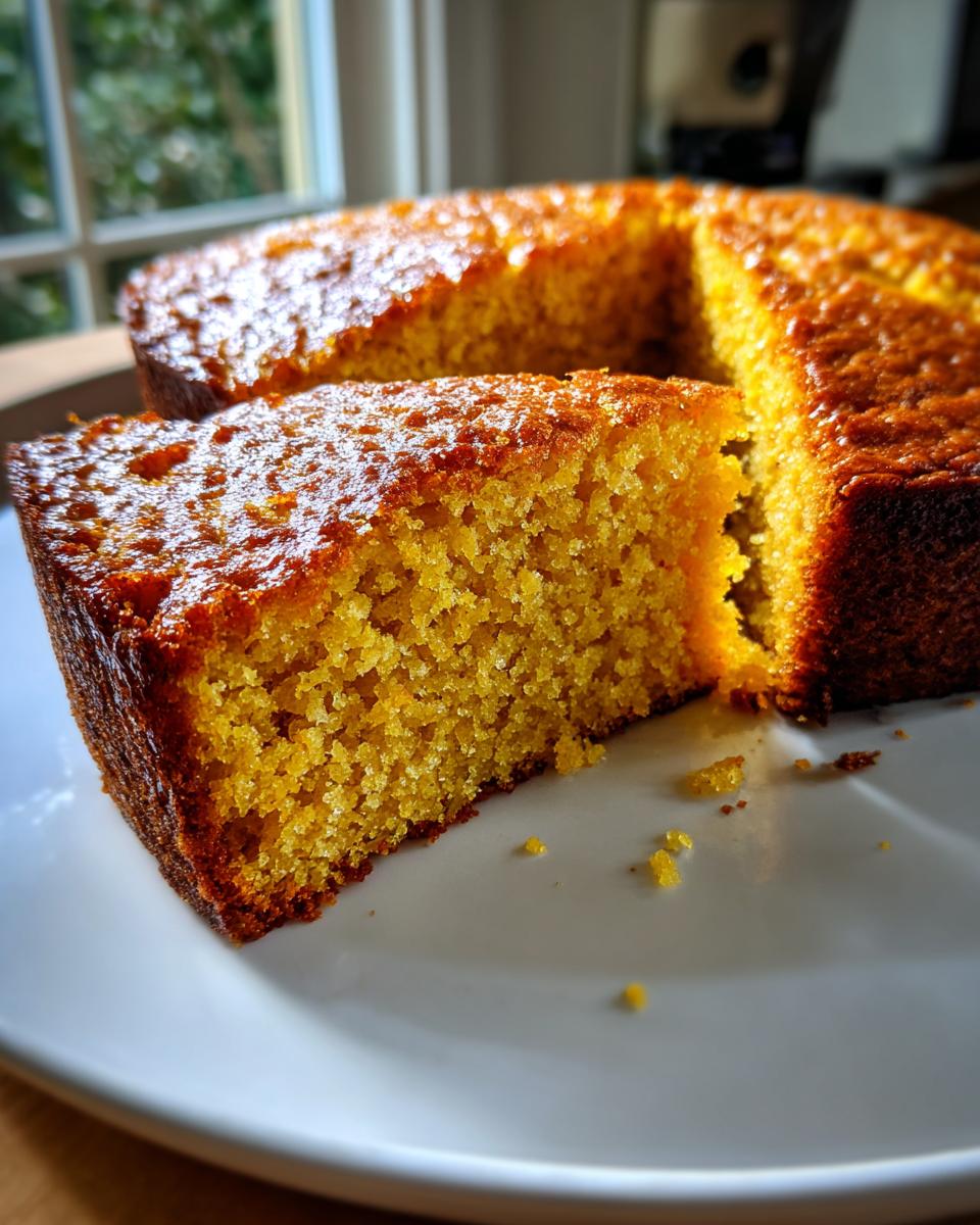 Close-up of a thick slice of moist, golden sourdough cornbread with a rich crust, served on a white plate.
